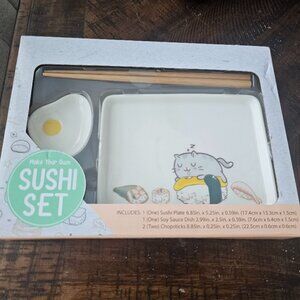NIB Kawaii Make Your Own Sushi Set Kitty Cat Plate Egg Dip Dish Chopsticks